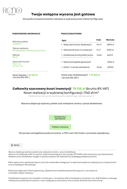 Wynik wyceny - podsumowanie kosztów